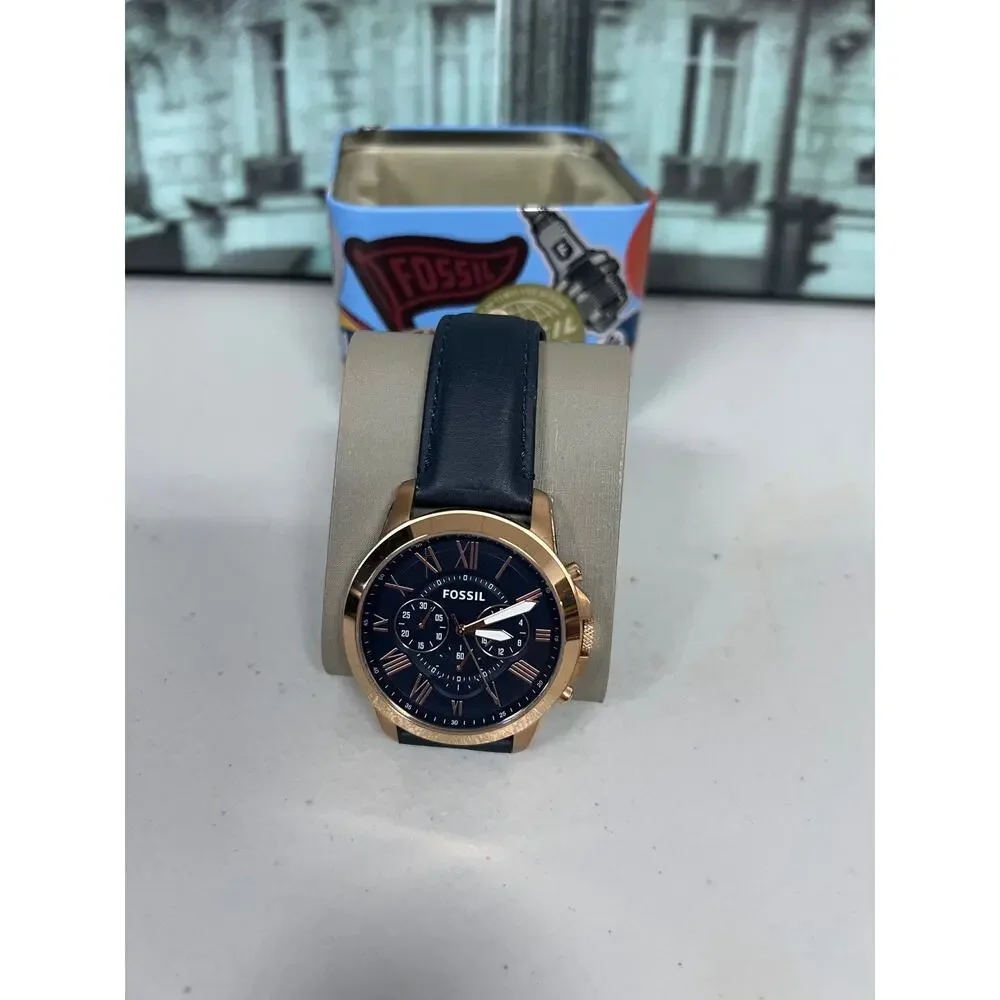 NWT Fossil FS4835 Grant Men Rose Gold Chronograph Navy Leather Quartz Watch
